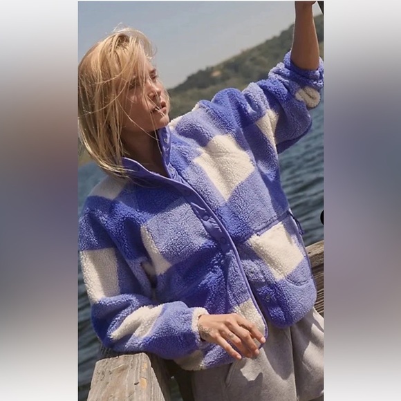 Free People Hit The Slopes Printed Fleece Jacket Blue Irish Gingham Combo - Picture 3 of 6